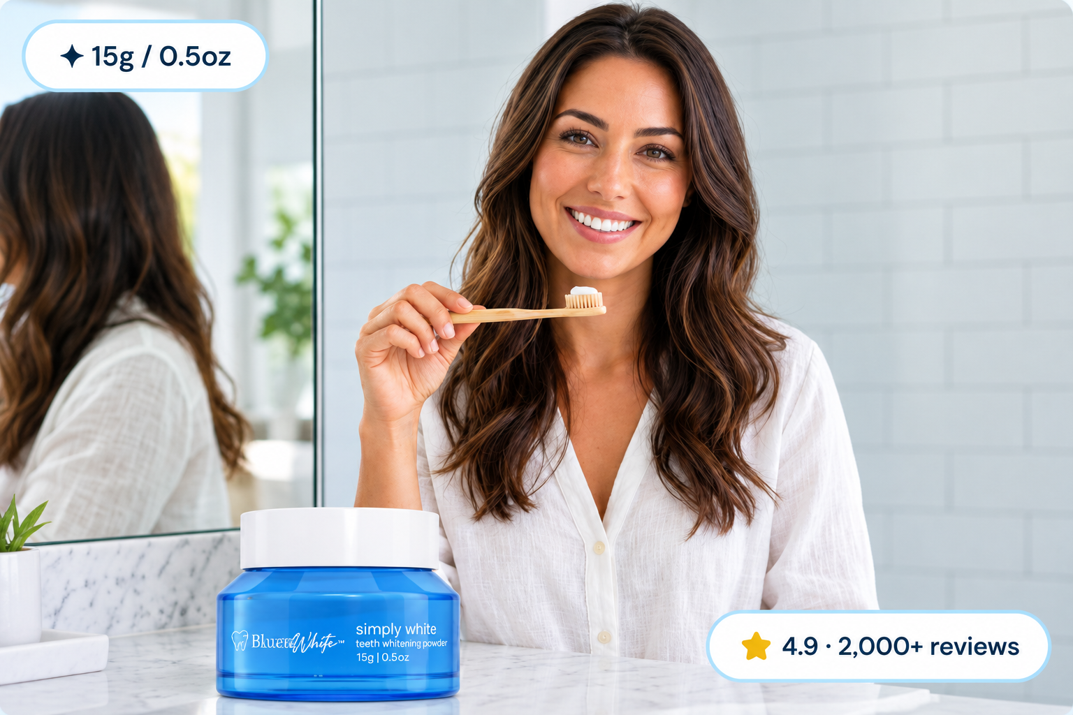 Woman brushing her teeth with Bloom White whitening powder