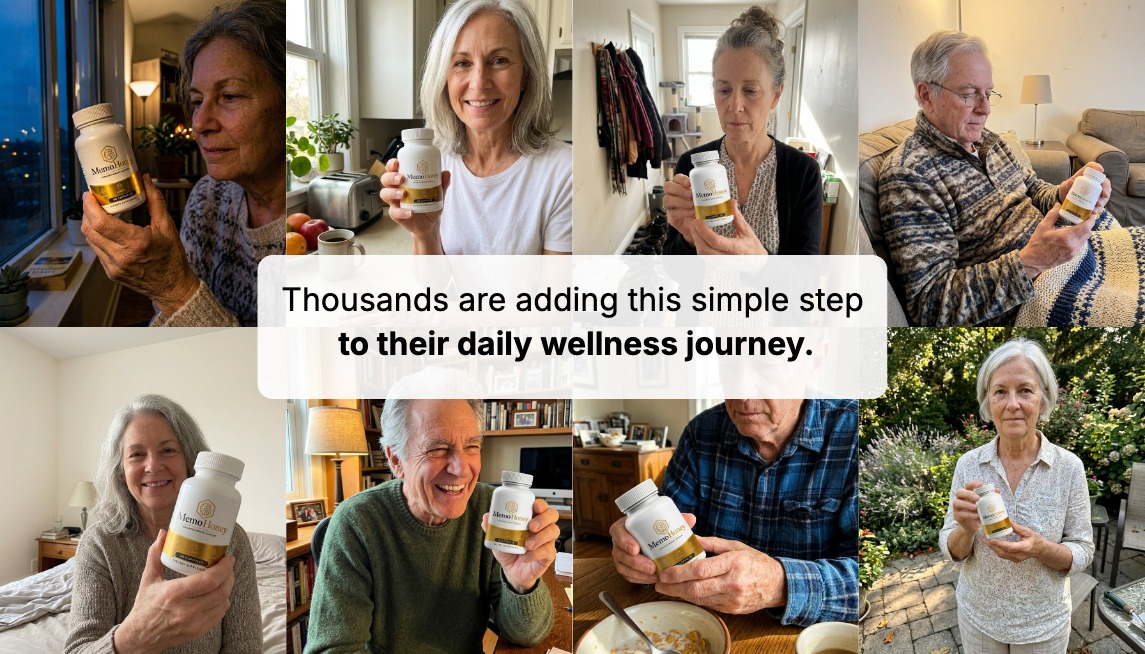 Promotional image from the official MemoHoney website showing adults holding MemoHoney bottles